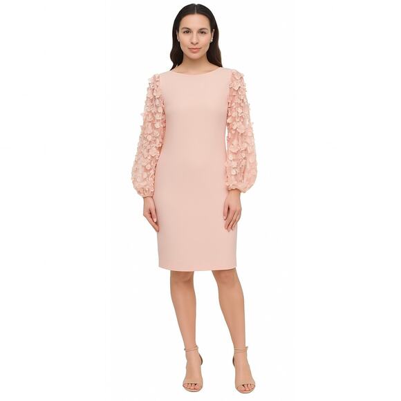 Eliza‎ J Sheer Contrast Sleeve Sheath Dress Blush Pink Knee Length Size 4 - Picture 1 of 6